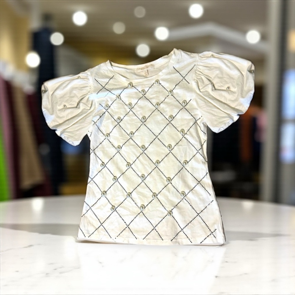 Pastels White Puff Sleeve Blouse with Pearls and Diamond Pattern. Size Small